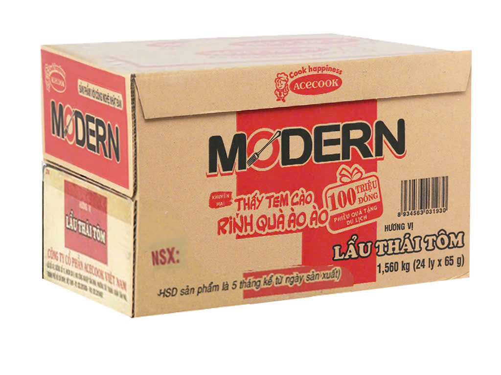 Mì ly Modern lẩu thái tôm - Thùng 24 ly x 65g